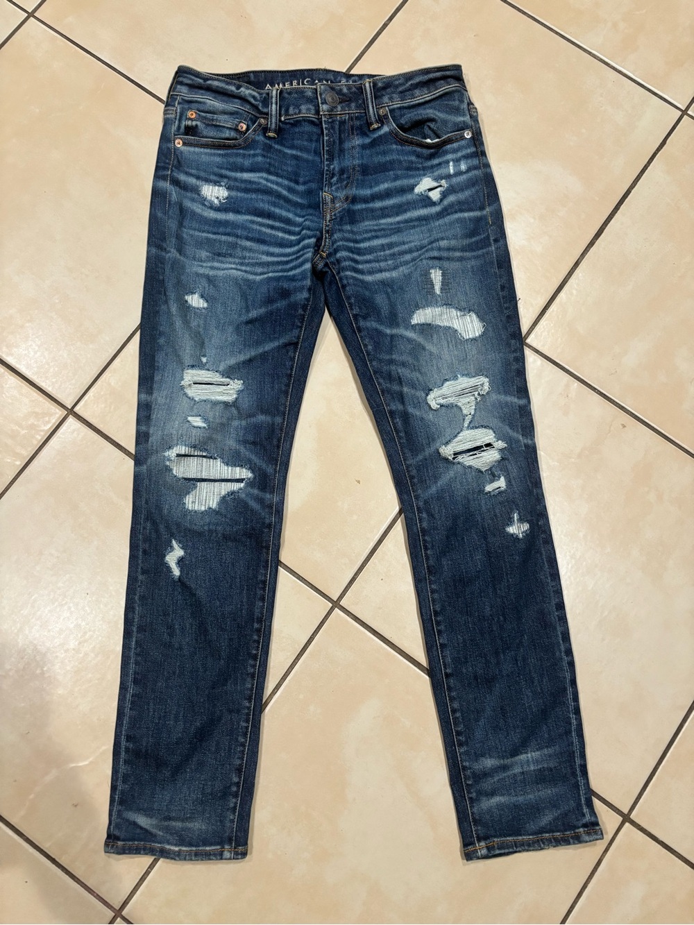 American Eagle Outfitters Dark Blue Distressed Slim Straight Jeans